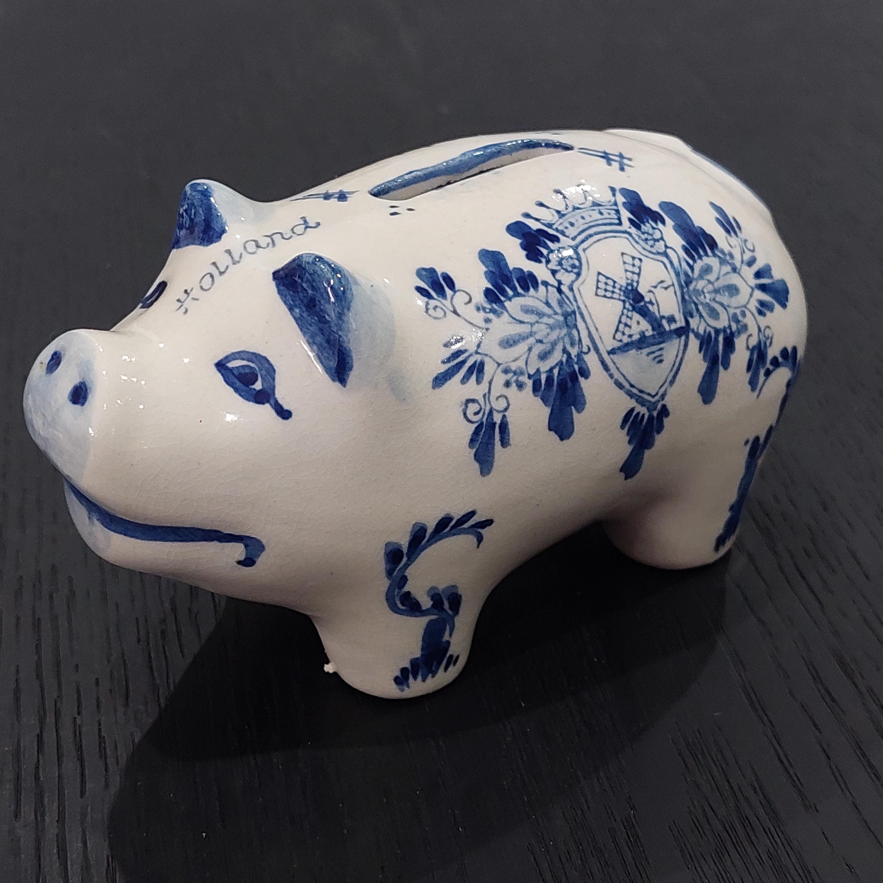 Vintage Delft Blue Porcelain: Kissing Dutch Couple, Piggy Bank
