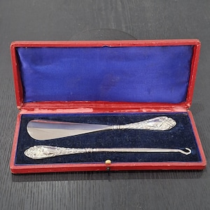 Antique Circa 1906 Boxed Sterling Silver Shoehorn and Button Hook Set