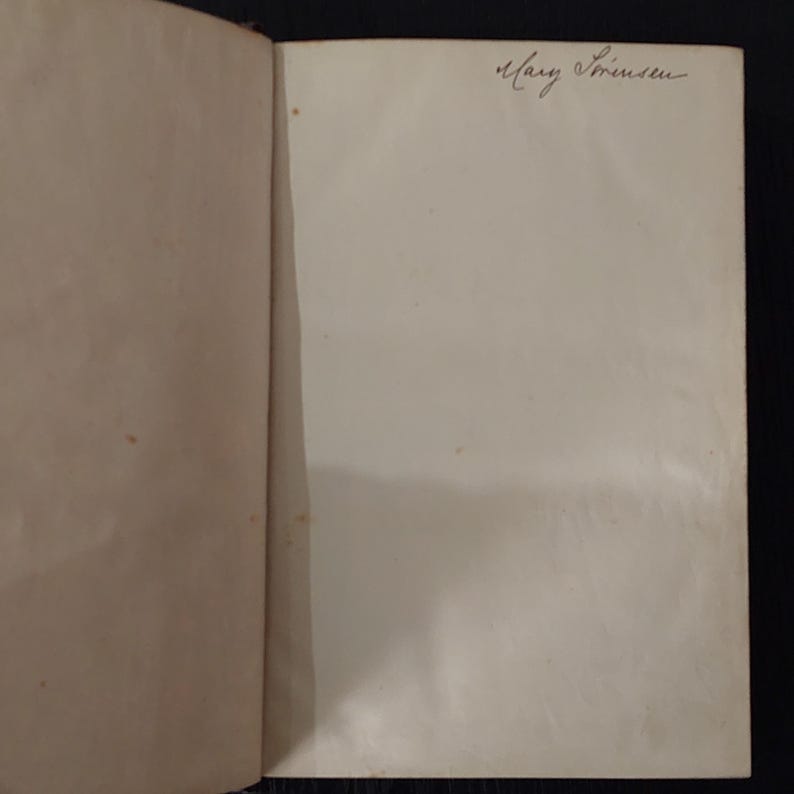 May include: Open book with aged, off-white pages. The right page has the handwritten inscription "Mary Robinson" in cursive script. The left page is also off-white with some discoloration. The book is open on a dark surface.