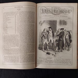 May include: An open book with text and illustrations. The left page features a list of names and dates. The right page has a detailed black and white illustration of a group of people, with text at the top and bottom.