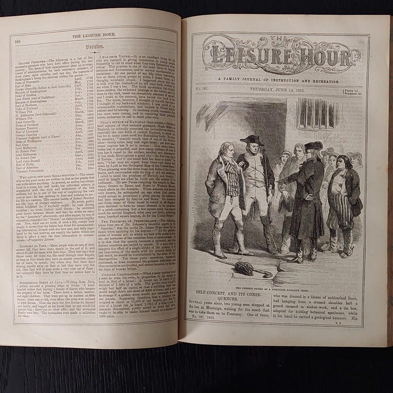 May include: An open book with text and illustrations. The left page features a list of names and dates. The right page has a detailed black and white illustration of a group of people, with text at the top and bottom.