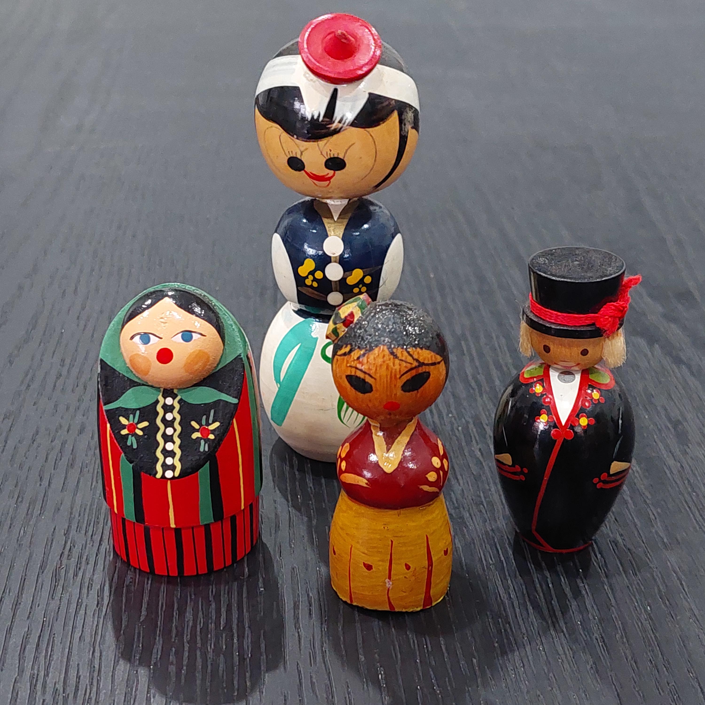 Vintage Set of 4 Wooden Dolls, Nurse, Pencil Sharpener, Salvo Peg