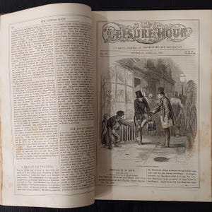 May include: An open book with a black and white illustration of a street scene with people. The title "THE LEISURE HOUR" is at the top, with the date "THURSDAY, APRIL 10, 1864". The page also contains text.