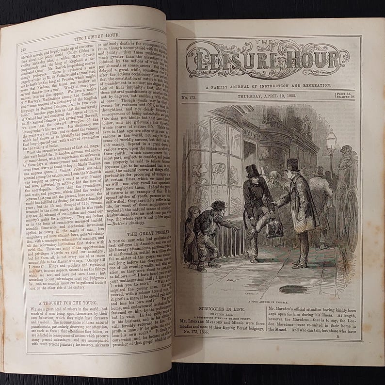 May include: An open book with a black and white illustration of a street scene with people. The title "THE LEISURE HOUR" is at the top, with the date "THURSDAY, APRIL 10, 1864". The page also contains text.