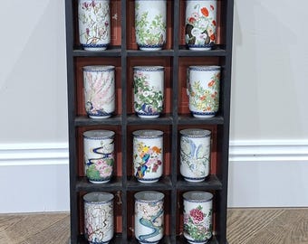 Vintage 1981 Franklin Mint, Japanese Teacups by Kinuko Yamabe "12 Months of the Year" in Wooden Display
