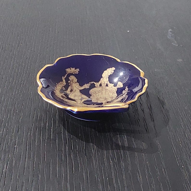 Vintage 1980's Miniature Limoges Cobalt Blue Trinket Dishes Featuring