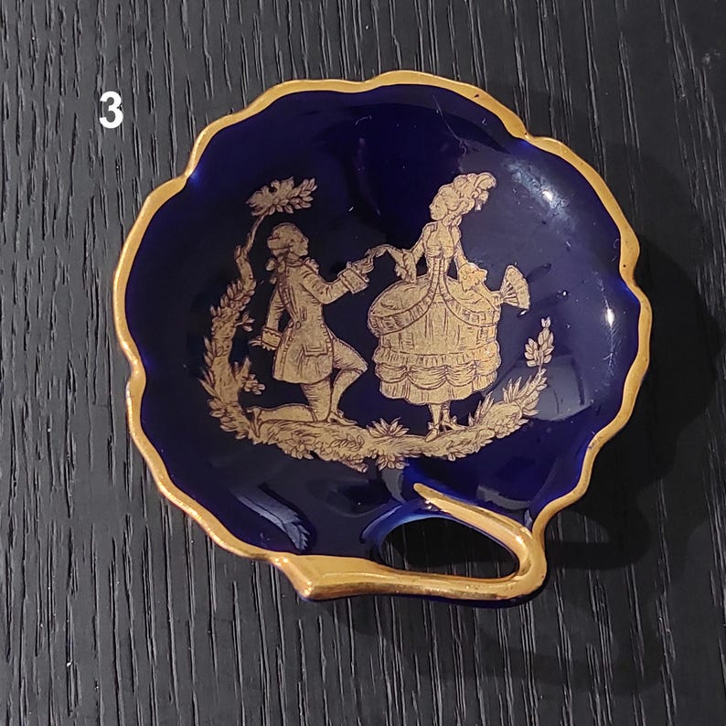 Vintage 1980's Miniature Limoges Cobalt Blue Trinket Dishes Featuring