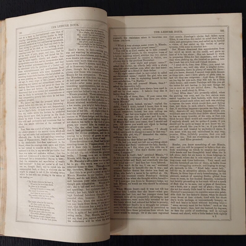 May include: Open book with text on aged paper. The pages are yellowed, and the text is in a classic serif font. The book is open to a double-page spread, with text filling both sides. The title "THE LEISURE HOUR" is visible at the top of each page.