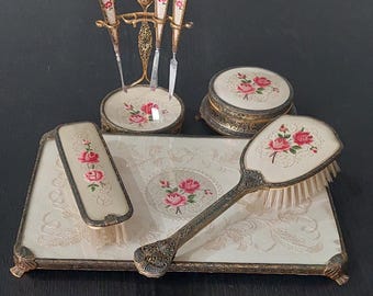 Vintage 8 Pce Petit Point Dresser Set by Delina England