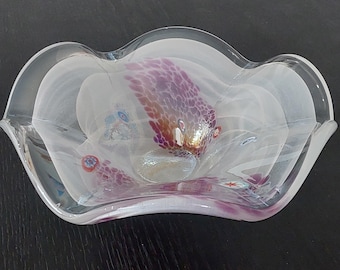 Vintage Murano Art Glass Center Piece Bowl Ruffled Swirl Pattern Made in Italy