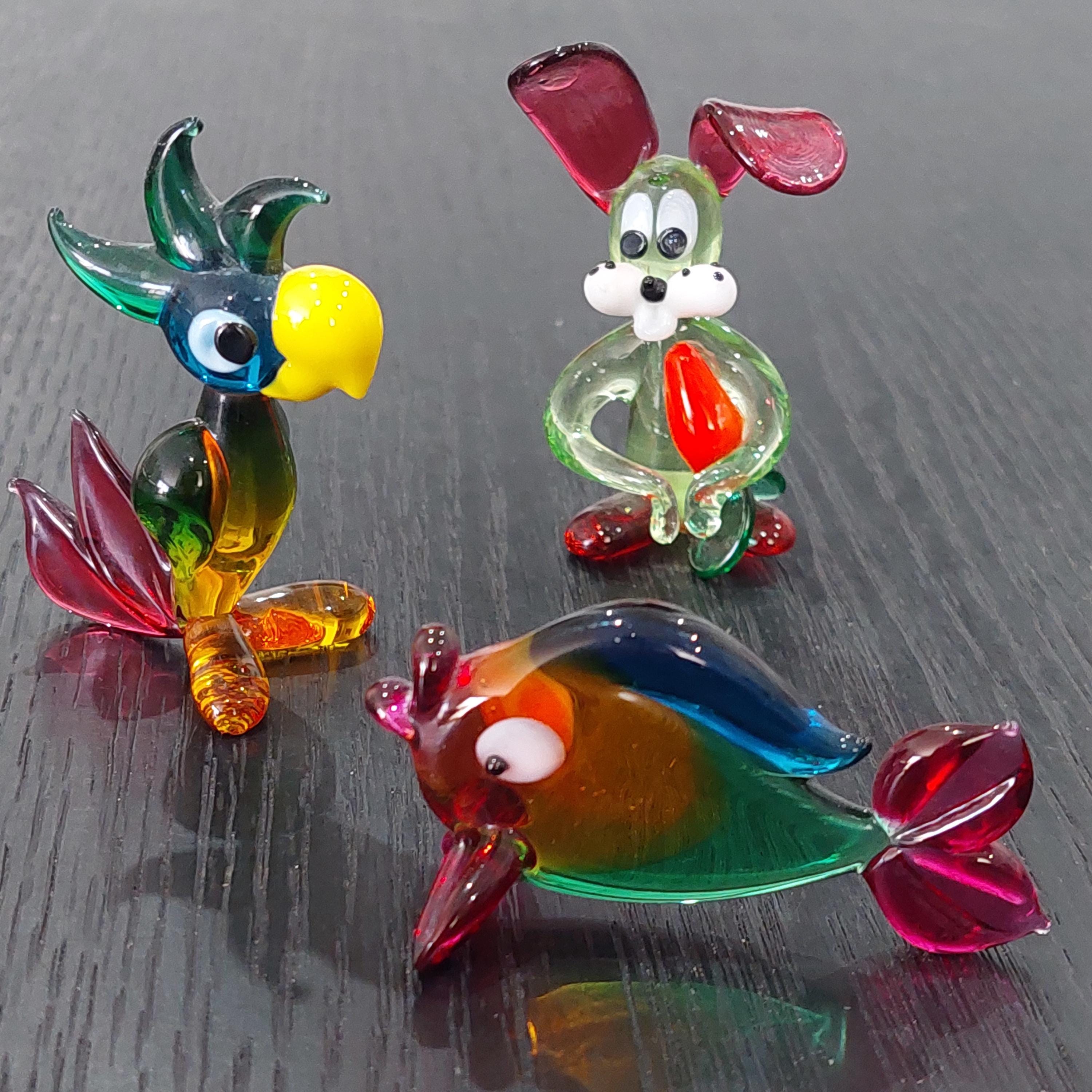 Vintage Miniature Art Glass Animal Figures, Rabbit, Bird, and Fish