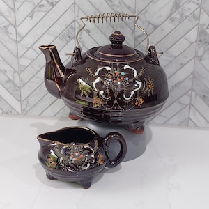Vintage Japanese Banko Moriage Style Hand Painted Teapot and Creamer,