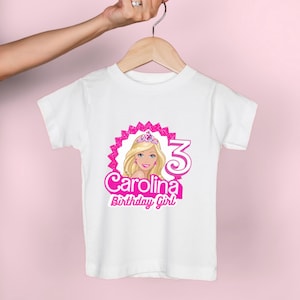 Custom Name Birthday Tee for Kids, Custom Name Doll Birthday Shirt, Pink Doll Theme Party Clothing, Birthday Girl Shirt
