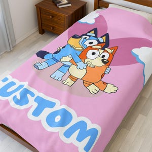 Personalized Bluey Blanket, Pink Bluey Sherpa Fleece Throw Blanket, Bluey Blanket, Bluey Custom Name Blanket for Kids, Custom Gift for kids