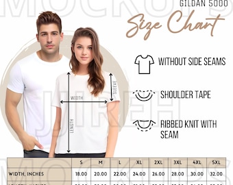 Könnte beinhalten: Größentabelle für ein Unisex Gildan 5000 Heavy Cotton T-Shirt. Die Tabelle zeigt die Maße in Zoll für Breite, Länge und Ärmellänge für die Größen S bis 5XL. Die Tabelle enthält auch Details zur Konstruktion des Shirts, wie z. B. das Fehlen von Seitennähten und die Verwendung von Rippstrick mit einer Naht.