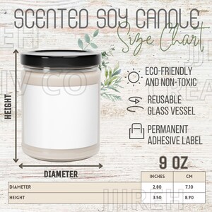 Scented Soy Candle Size Chart, Sizing Guide for Candle, Printify Candle Size Chart, Candle Key Features, Scented Soy 9oz Candle Size Chart
