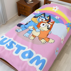 Personalized Bluey Blanket, Pink Bluey Sherpa Fleece Throw Blanket, Bluey Blanket, Bluey Custom Name Blanket for Kids, Custom Gift for kids