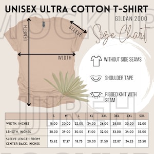 Gildan 2000 Size Chart, Gildan 2000 T-Shirt Size Chart Mockup, Unisex Gildan 2000 Tee Size Chart, Tshirt Gildan Size Chart