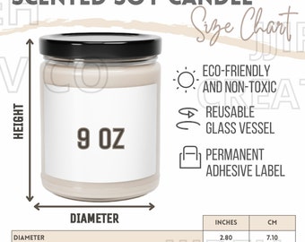 Scented Soy Candle Size Chart, Sizing Guide for Candle, Printify Candle Size Chart, Candle Key Features, Scented Soy 9oz Candle Size Chart