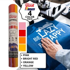 May include: A Siser EasyWeed heat transfer vinyl 4 color pack containing pink, bright red, orange, and yellow sheets. The packaging features the brand logo, text, and icons for garment application. A blue t-shirt with white text is also visible.