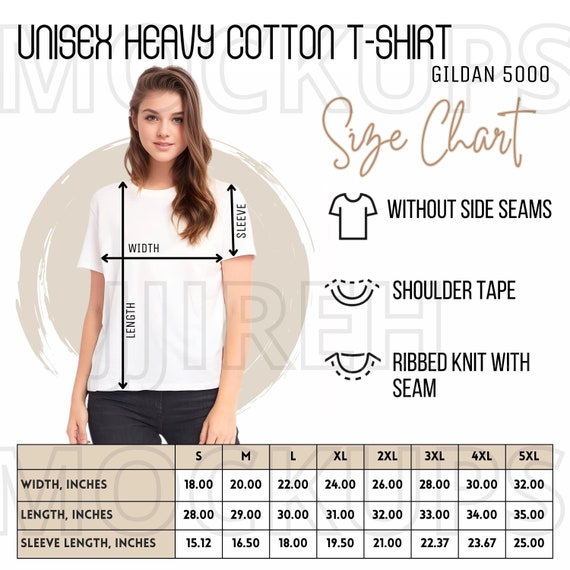 Gildan 5000 Size Chart, Gildan 5000 T-shirt Size Chart Mockup