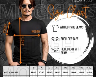 Gildan 5000 Größentabelle, Gildan 5000 T-Shirt Größentabelle Mockup, Unisex Gildan 5000 T-Shirt Größe, Boho T-shirt Gildan Größentabelle