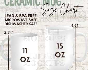 Two White Ceramic Mugs Size Chart, 11oz and 15oz Ceramic Mug Size Chart, Coffee Mug Size Chart, White Ceramic Cup Printify Size Chart Mockup