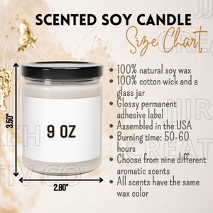 Tabela de tamanhos de velas de soja perfumadas, guia de tamanhos para velas, tabela de tamanhos de velas para impressão, principais recursos da vela, tabela de tamanhos de velas de soja perfumada de 9 onças