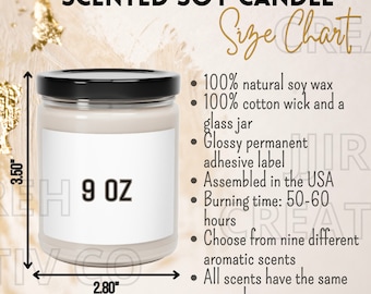 Scented Soy Candle Size Chart, Sizing Guide for Candle, Printify Candle Size Chart, Candle Key Features, Scented Soy 9oz Candle Size Chart