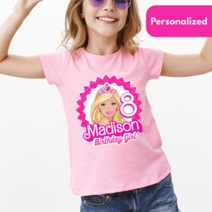 Custom Name Birthday Tee for Kids, Custom Name Doll Birthday Shirt, Pink Doll Theme Party Clothing, Birthday Girl Shirt