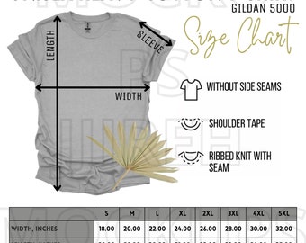 Könnte beinhalten: Eine Größentabelle für ein Unisex-T-Shirt aus schwerem Baumwollstoff, Gildan 5000. Die Tabelle zeigt die Maße in Zoll für Breite, Länge und Ärmellänge für die Größen S bis 5XL.