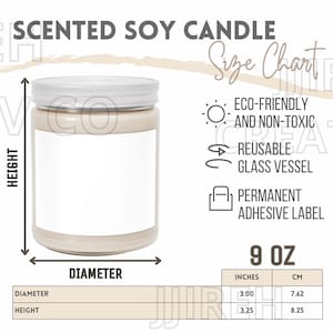 Tabela de tamanhos de velas de soja perfumadas, guia de tamanhos para velas, tabela de tamanhos de velas para impressão, principais recursos da vela, tabela de tamanhos de velas de soja perfumada de 9 onças