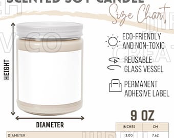 Scented Soy Candle Size Chart, Sizing Guide for Candle, Printify Candle Size Chart, Candle Key Features, Scented Soy 9oz Candle Size Chart