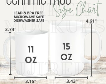 Two White Ceramic Mugs Size Chart, 11oz and 15oz Ceramic Mug Size Chart, Coffee Mug Size Chart, White Ceramic Cup Printify Size Chart Mockup