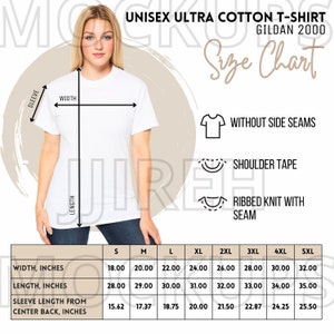 Gildan 2000 Size Chart, Gildan 2000 T-Shirt Size Chart Mockup, Unisex Gildan 2000 Tee Size Chart, Tshirt Gildan Size Chart
