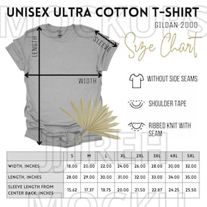 Gildan 2000 Size Chart, Gildan 2000 T-Shirt Size Chart Mockup, Unisex Gildan 2000 Tee Size Chart, Tshirt Gildan Size Chart
