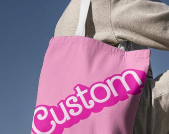 Benutzerdefinierte Text Puppe Thema Einkaufstasche, personalisierte rosa Puppe Einkaufstasche, anpassbare Name Einkaufstasche, individuelles Geburtstagsgeschenk