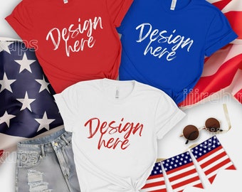Bella Canvas 3001 4th of July Mockup, Patriotic T-shirt Flat Lay Mockup, Bella Canvas 4th of July Red, Royal, White Trio Tee Flat Lay Mockup