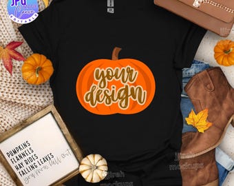 Black Gildan 64000 Mockup, Black T-Shirt Mockup, Fall T-shirt Mockup, Black Flat Lay Shirt Fall Mockup, Black Gildan 64000 Flat Lay Mockup