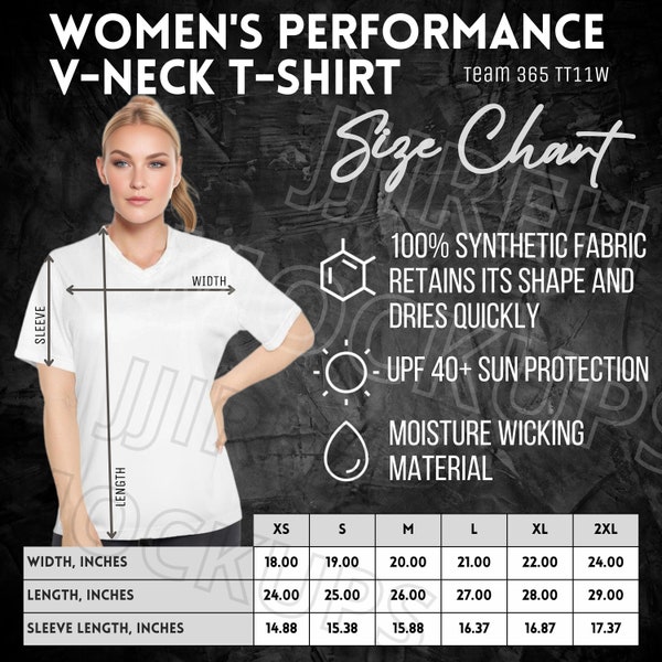 Women's Performance V-Neck T-Shirt Size Chart, Printify Sport T-Shirt Size Chart, Team 365 TT11W Size Chart, Active V-Neck Shirt Size Chart