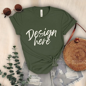 Military Green Bella Canvas 3001 Shirt Mockup. Boho T-shirt Mockup, Flat Lay Military Green Shirt Mockup