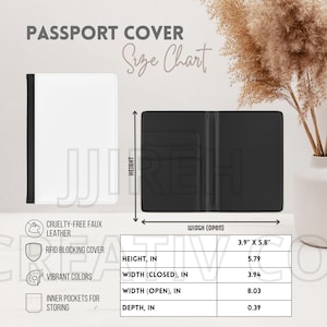 May include: A black passport cover with inner pockets for storing items. The cover is 5.79 inches tall, 3.94 inches wide when closed, and 8.03 inches wide when open. It is 0.39 inches deep. The cover is made of cruelty-free faux leather and has RFID blocking technology.