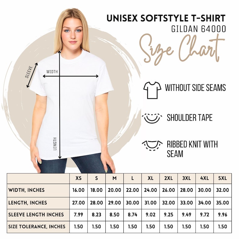 May include: Unisex softstyle t-shirt size chart for Gildan 64000. The chart shows measurements in inches for width, length, sleeve length, and size tolerance for sizes XS to 5XL.