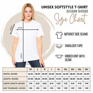 May include: Unisex softstyle t-shirt size chart for Gildan 64000. The chart shows measurements in inches for width, length, sleeve length, and size tolerance for sizes XS to 5XL.