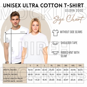 Gildan 2000 Size Chart, Gildan 2000 T-Shirt Size Chart Mockup, Unisex Gildan 2000 Tee Size Chart, Tshirt Gildan Size Chart