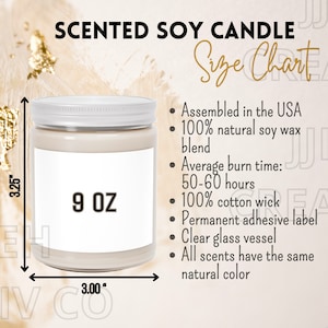 Tabela de tamanhos de velas de soja perfumadas, guia de tamanhos para velas, tabela de tamanhos de velas Printify, principais recursos de velas, tabela de tamanhos de velas de soja perfumadas de 9 onças