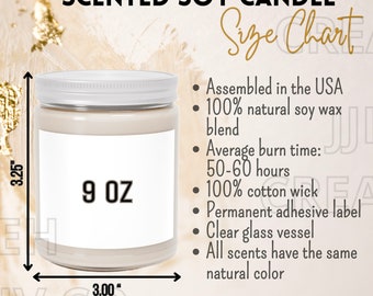 Scented Soy Candle Size Chart, Sizing Guide for Candle, Printify Candle Size Chart, Candle Key Features, Scented Soy 9oz Candle Size Chart