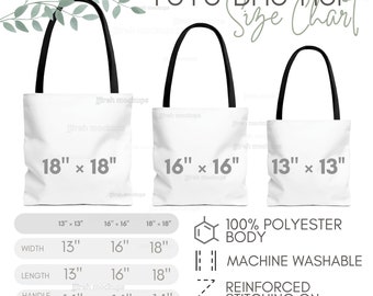 AOP Tote Bag Size Chart, Black Handle Tote Bag Sizing Chart, Tote Bag Size Guide, Printify Tote Bag Size Chart