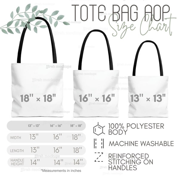 AOP Tote Bag Size Chart, Black Handle Tote Bag Sizing Chart, Tote Bag Size Guide, Printify Tote Bag Size Chart