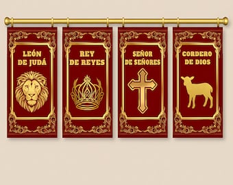 Banderas Decorativas para Iglesia Cristiana Set 4, León de Judá, Cordero de Dios, Rey de Reyes y Señor de Señores Banners Cristianos Español
